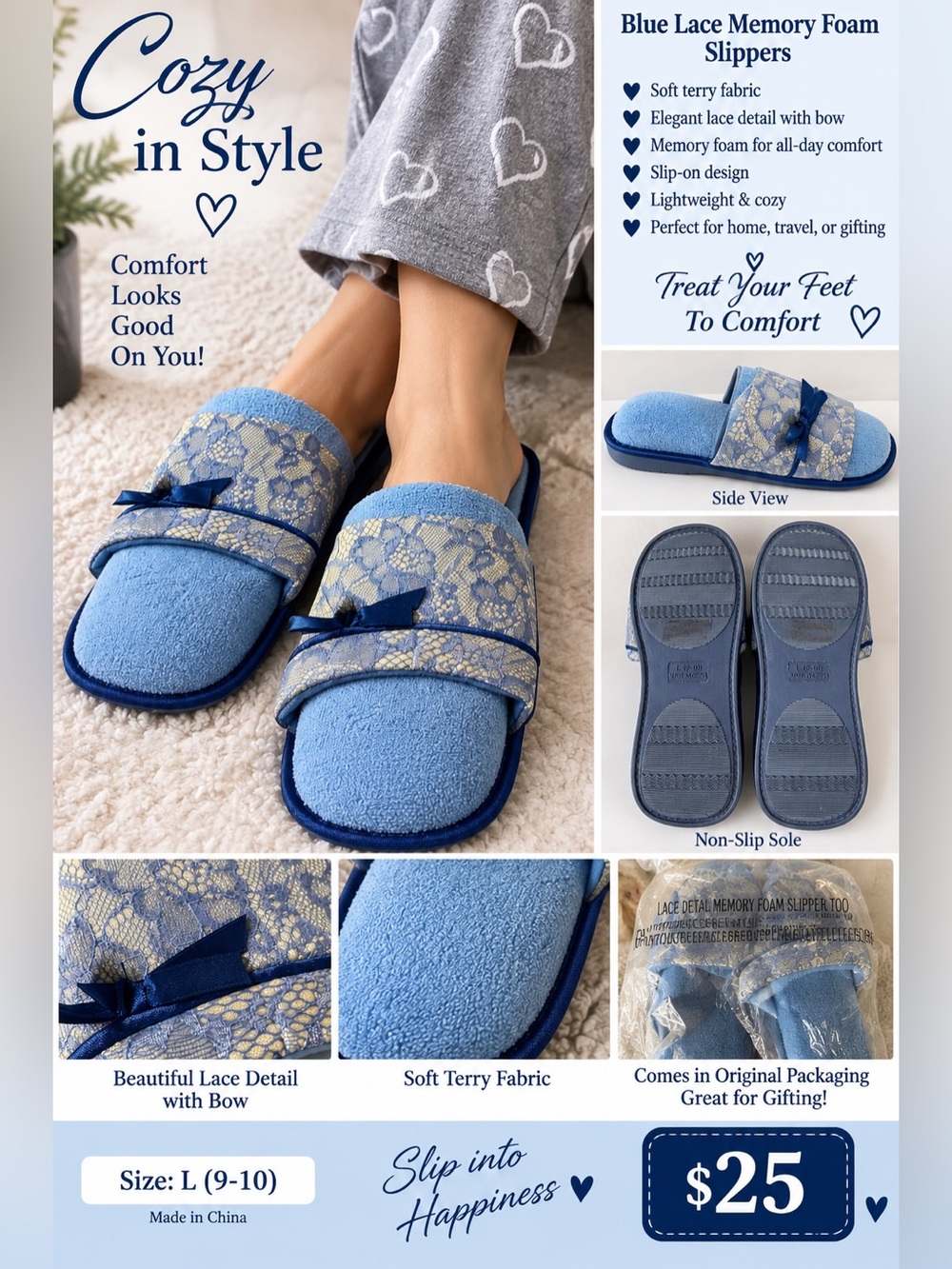 Victoria's Secret Light Blue Lace-Trim Memory Foam Jeans-Style Slippers
